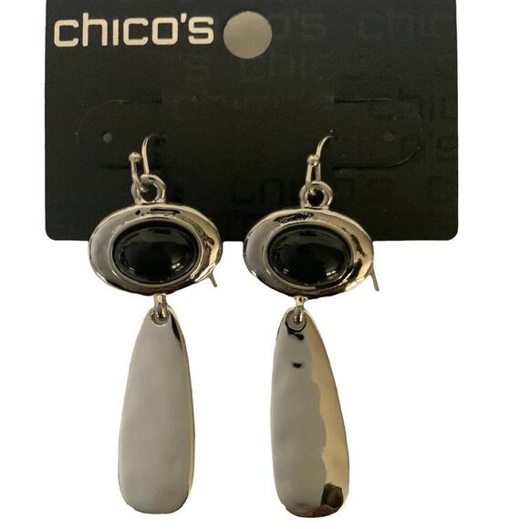 Chico’s Silver Tone Black Enamel Pierced Dangle Earrings Women's Fashion Jewelry - Picture 1 of 4
